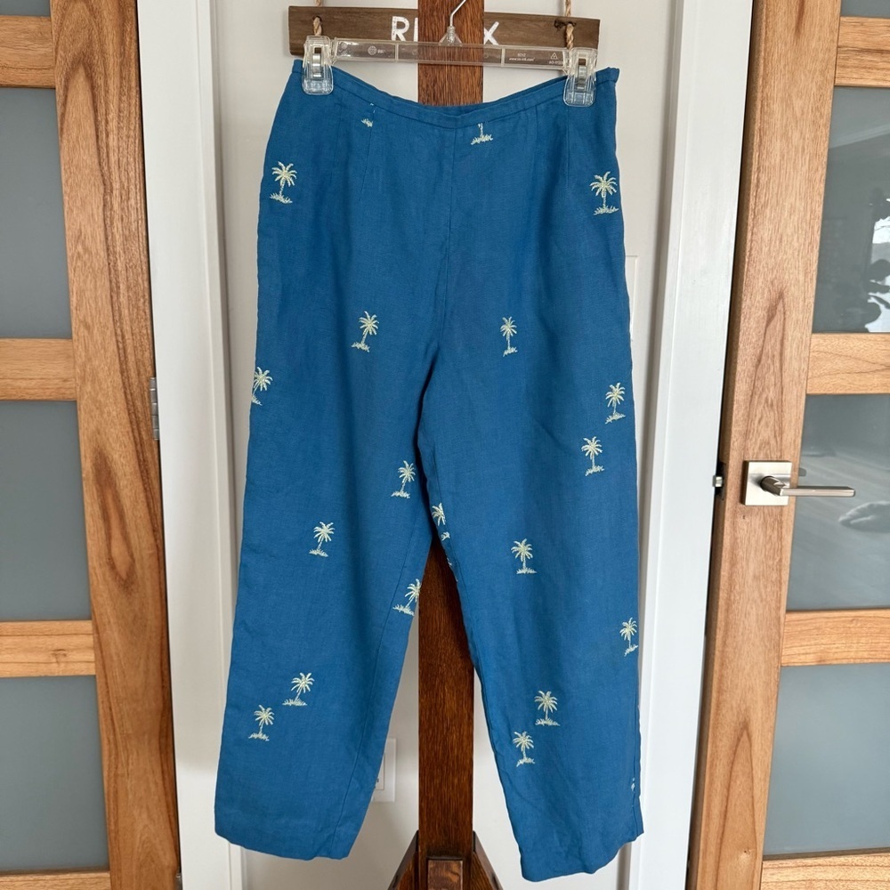 Talbots 100% Irish Linen Blue Pants Green Embroidered Palm Tree Women's 6 GUC‎